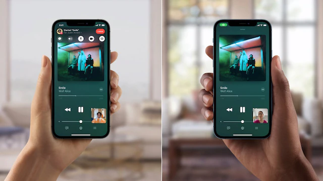 Two iPhones sharing content during a FaceTime call with SharePlay