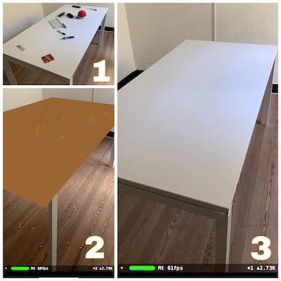 Four test shots of a plain white table, used to check ARKit plane detection