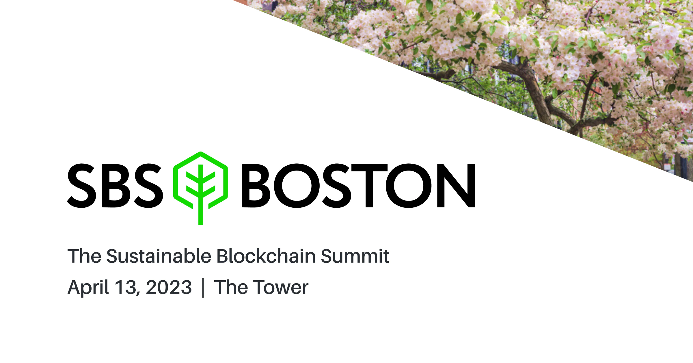Announcement card for the Sustainable Blockchain Summit in Boston, April 2023