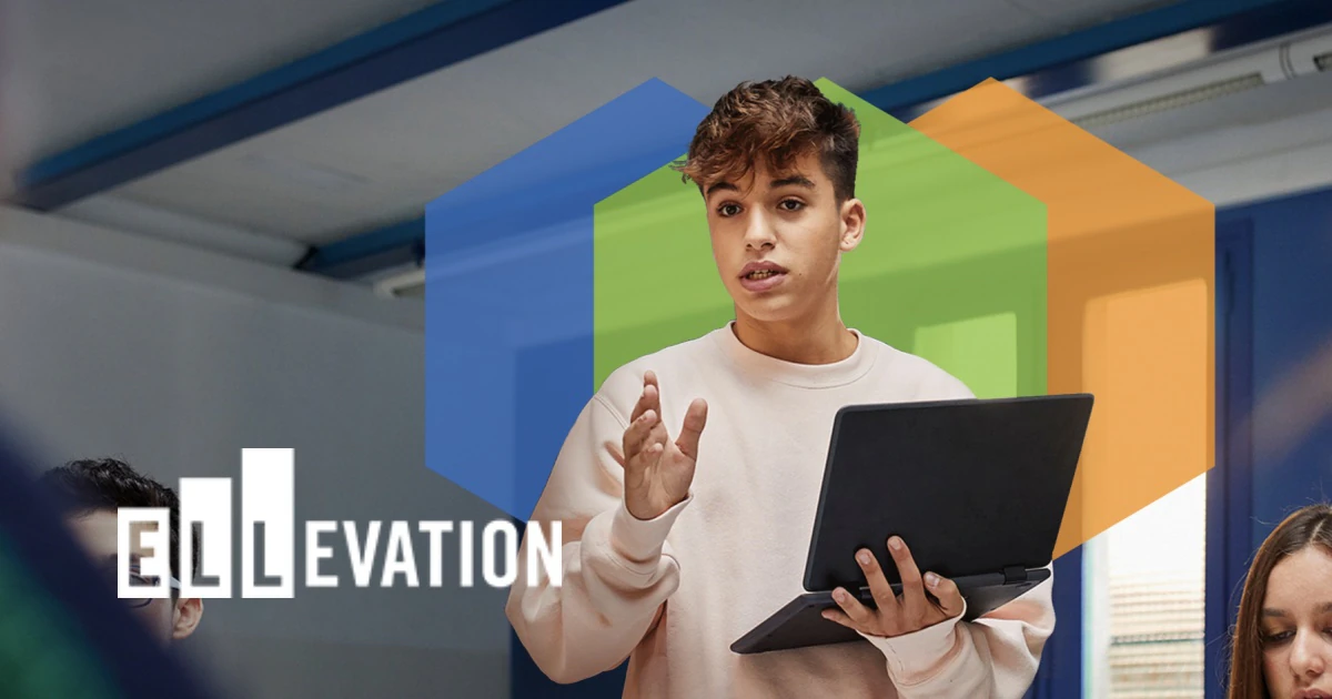 Ellevation Education's brand image, a student working on a laptop