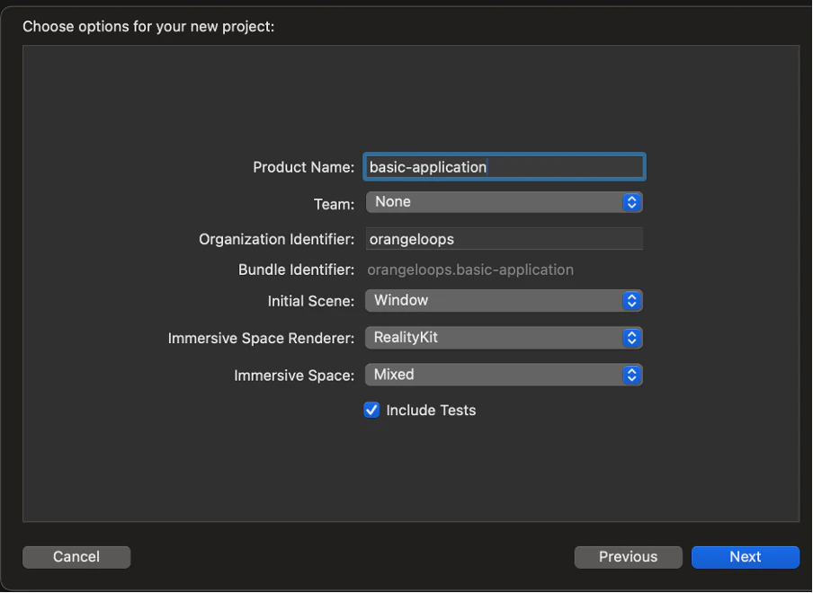 Xcode's new project dialog for a visionOS app