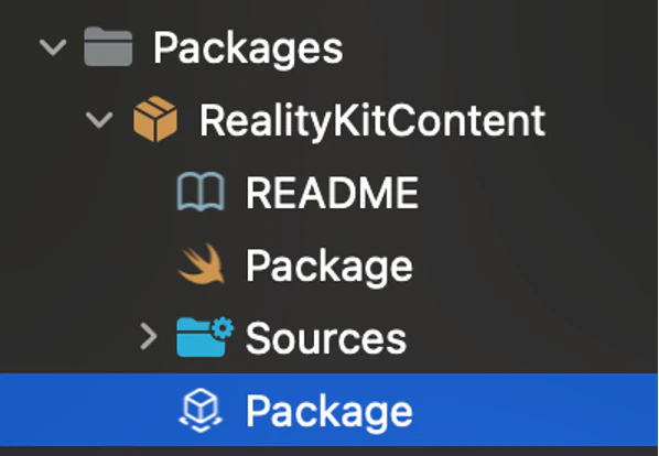 Xcode's project navigator showing the RealityKitContent package