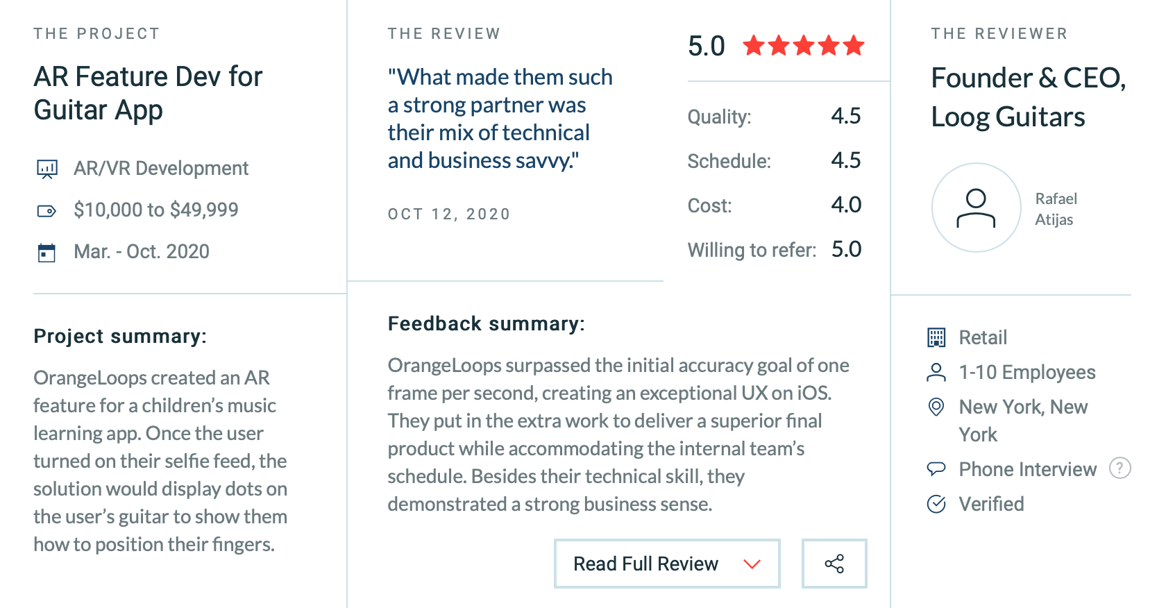 The five-star Clutch review left by a client CTO
