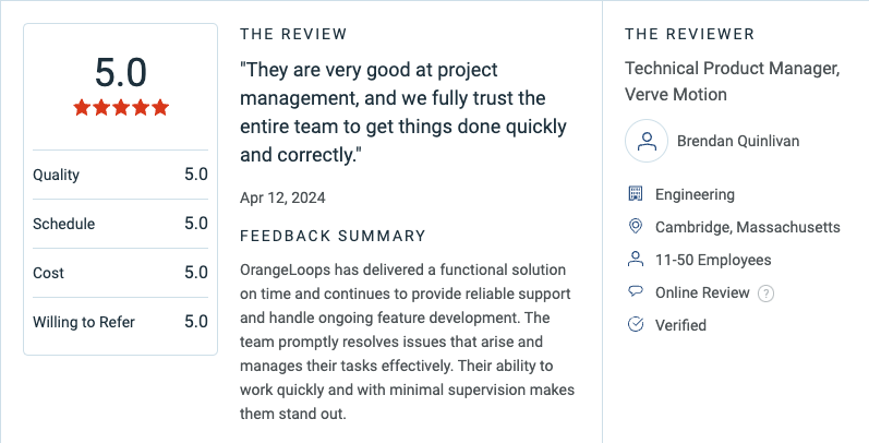 A five-star client review of the design work
