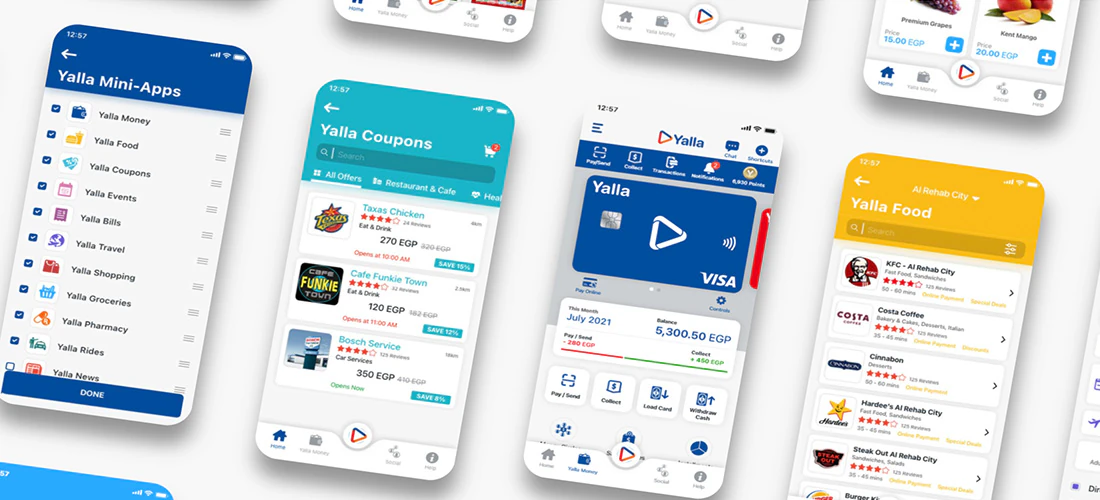 A fan of app screens illustrating the many services inside a super app
