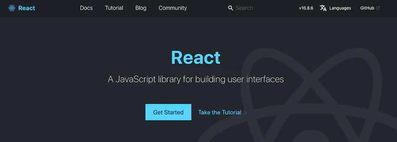The official React website homepage
