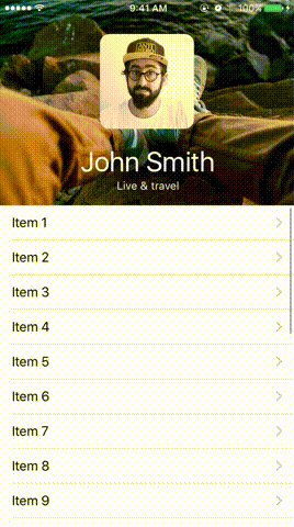 The OLSDynamicHeaderViewController demo: a table view under a photo header