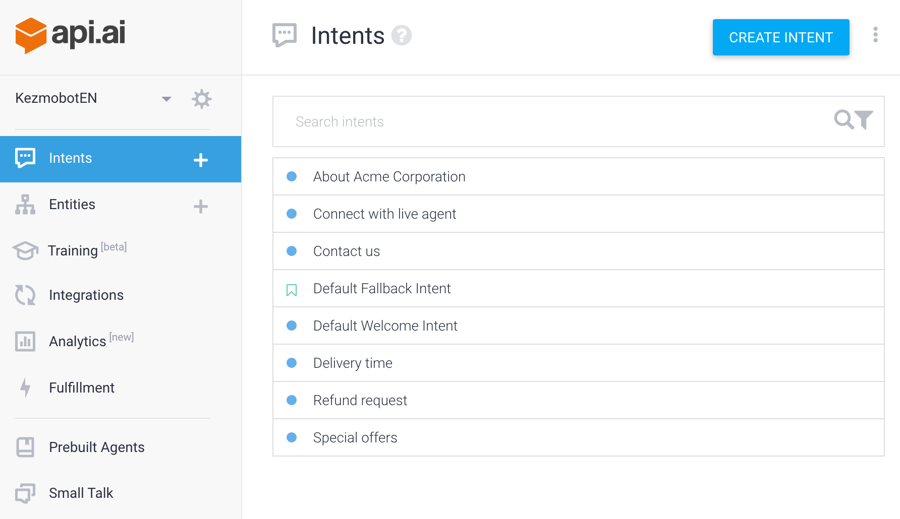 The API.AI console showing an agent's configured intents