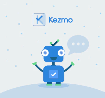 The Kezmo chatbot mascot beside the Kezmo logo