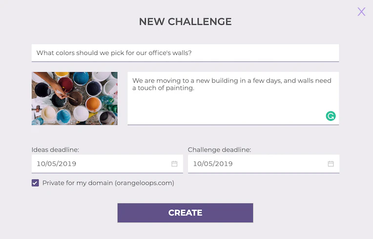 Screenshot of the creation of challenges in IdeaSource