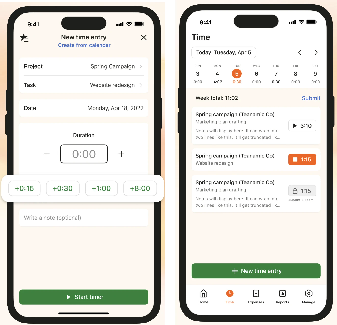 The Harvest clone app running on two phones