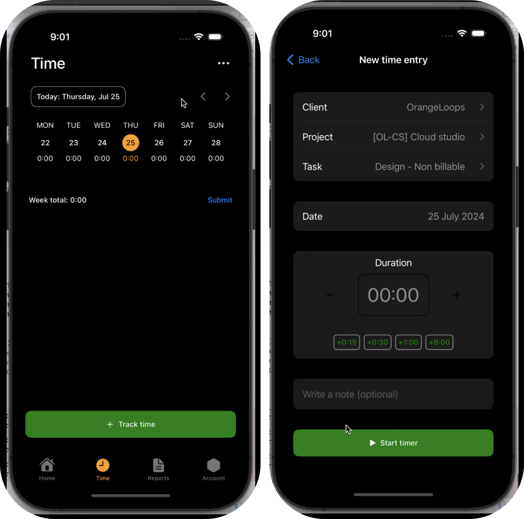 The Harvest clone app's dark mode screens