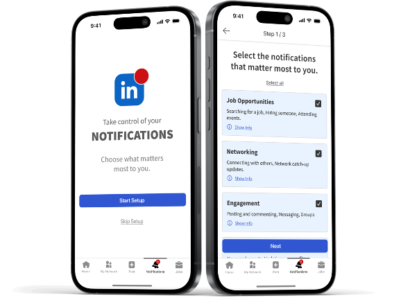 The proposed LinkedIn notification settings shown on two phones