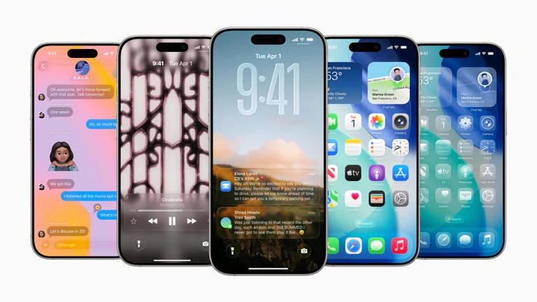 A row of iPhones showing the Liquid Glass interface