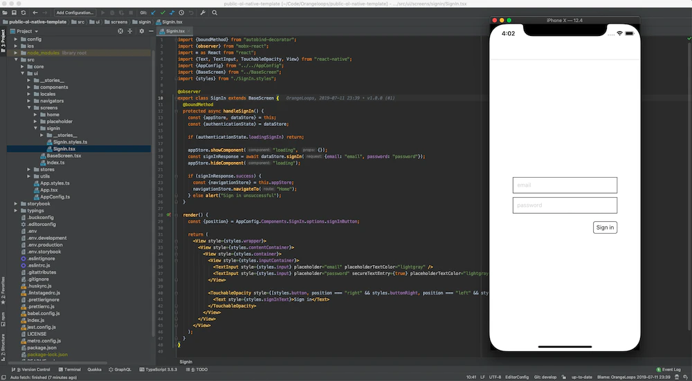 The React Native template's source code beside the running app