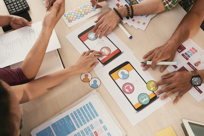 Choosing between app icon designs laid out on a table