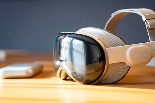 An Apple Vision Pro headset beside its battery pack