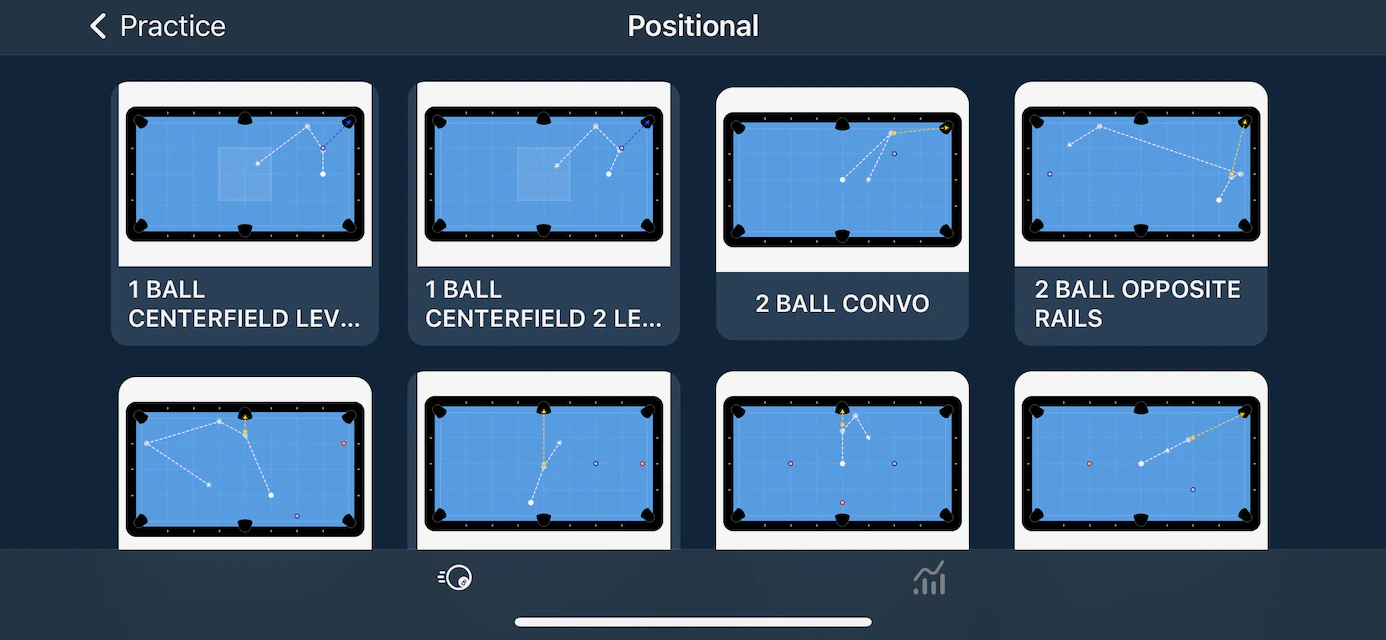 A grid of billiard drill diagrams in DrillRoom